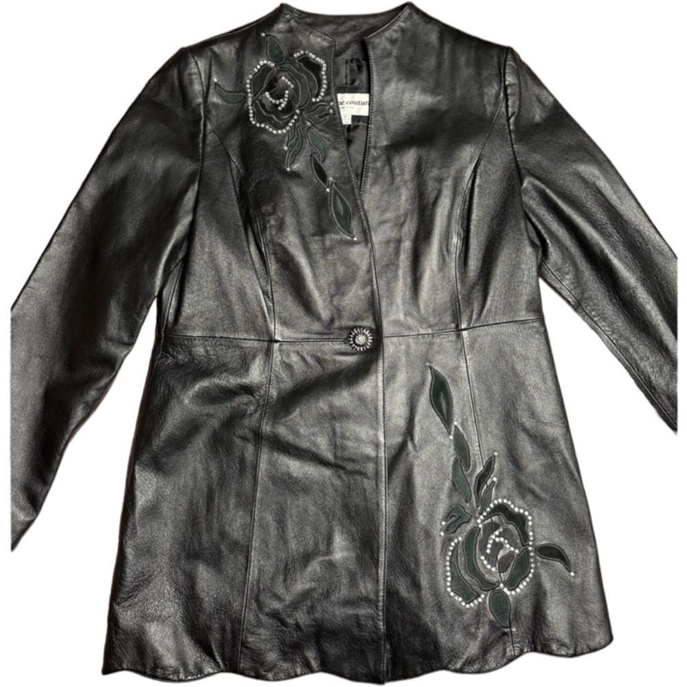 Maxene Couture Vintage Genuine Leather Bedazzled Black Long Leather Jacket